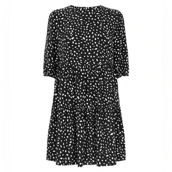 New Look. Black Spot Print Tiered Mini Smock Dress. Size US 2. NWT - Picture 5 of 11